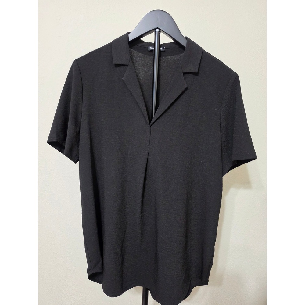 Hilary Radley Womens Black Short Sleeve V-Neck Notched Collar Blouse Small